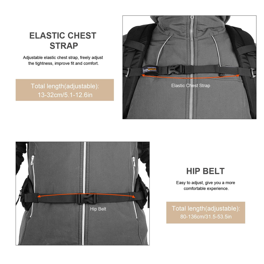 MOUNTAINTOP 40L backpack adjustable waist belt stabilizes load during outdoor activities.