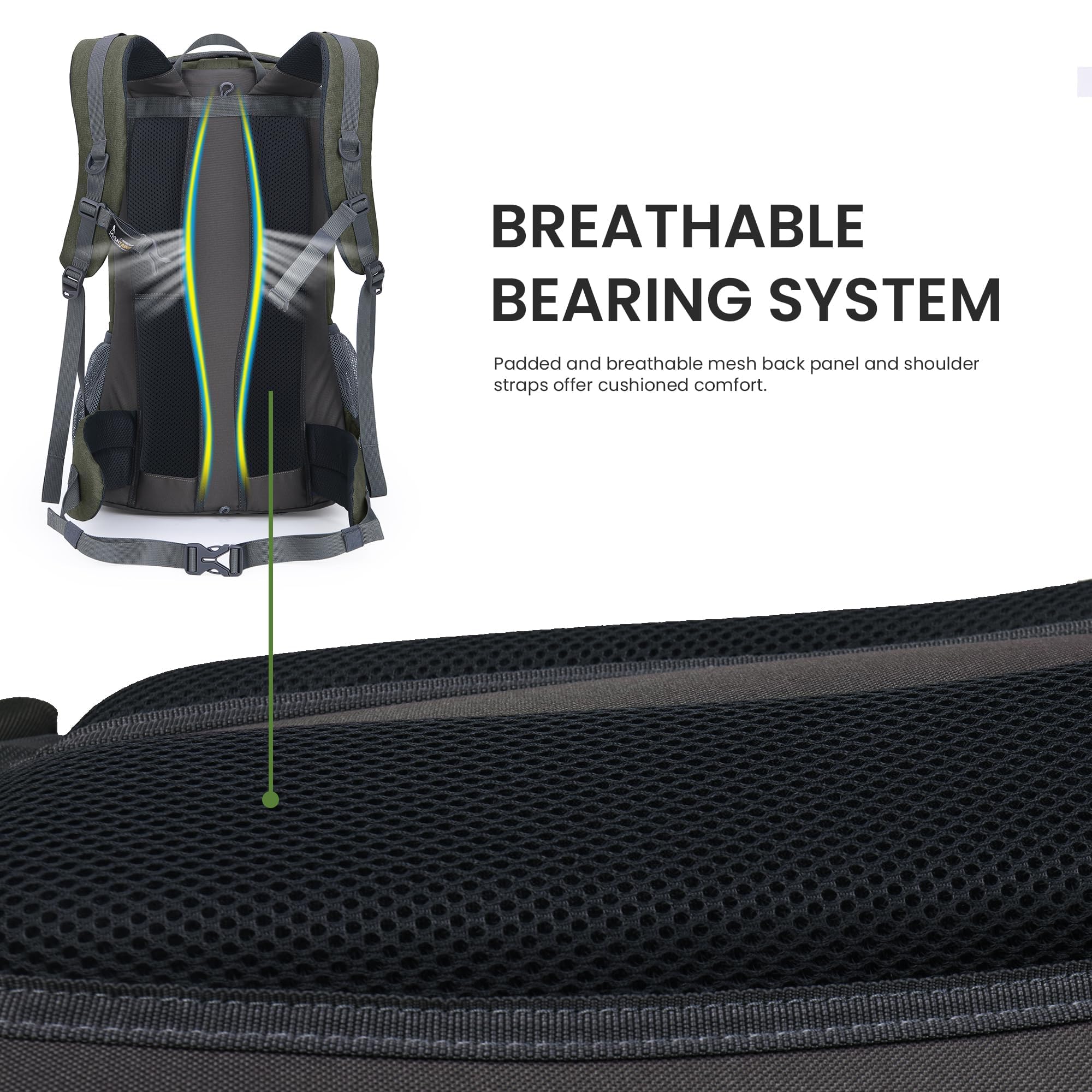 MOUNTAINTOP 40L backpack water bladder pocket ready for hydration.