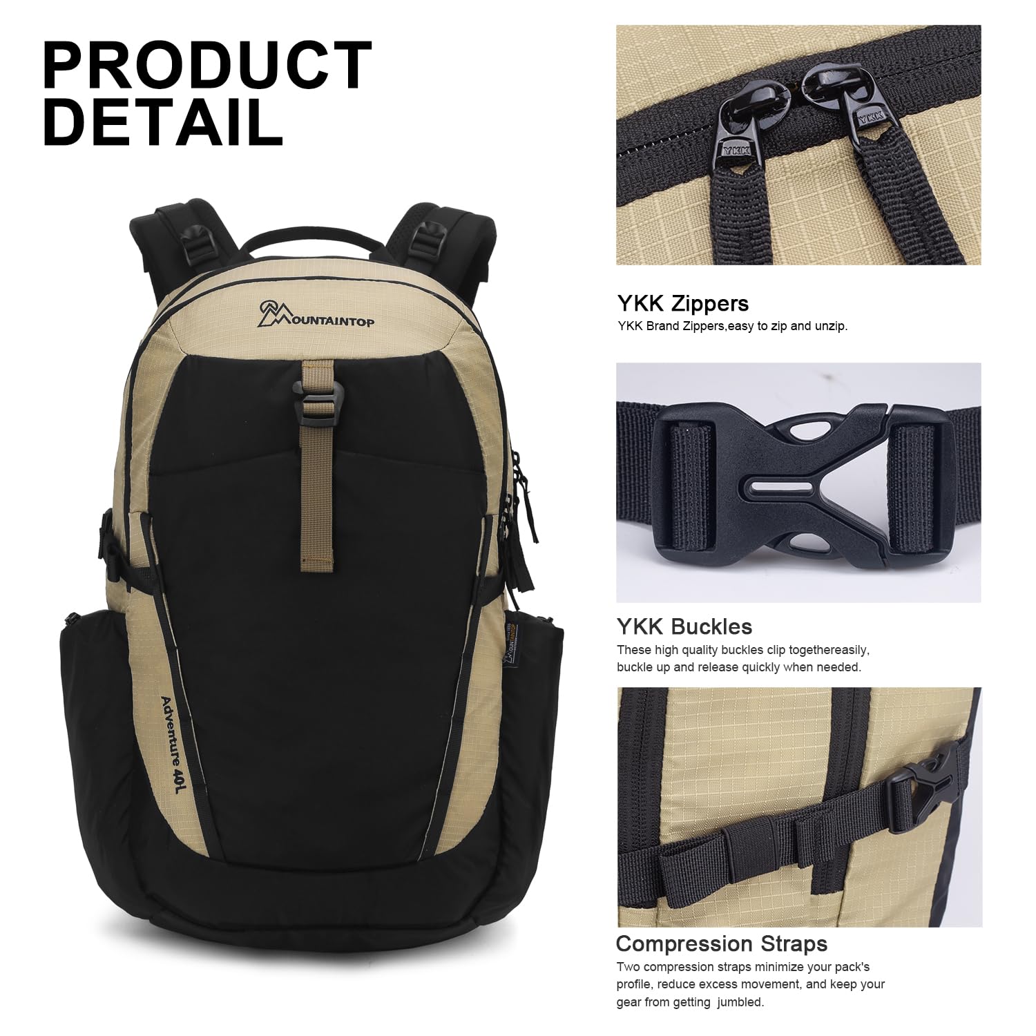 MOUNTAINTOP 40L backpack YKK zipper close-up emphasizes durability for rugged use.