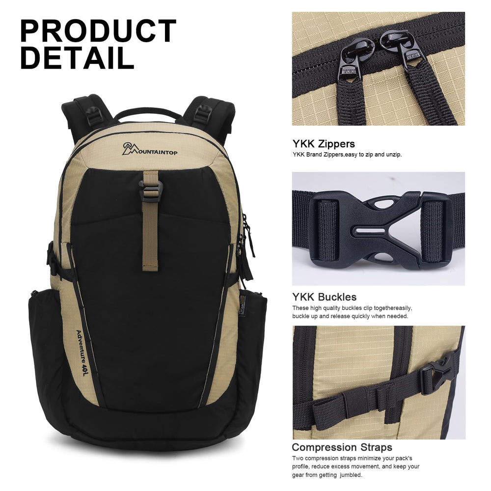 MOUNTAINTOP 40L backpack YKK zipper close-up emphasizes durability for rugged use.