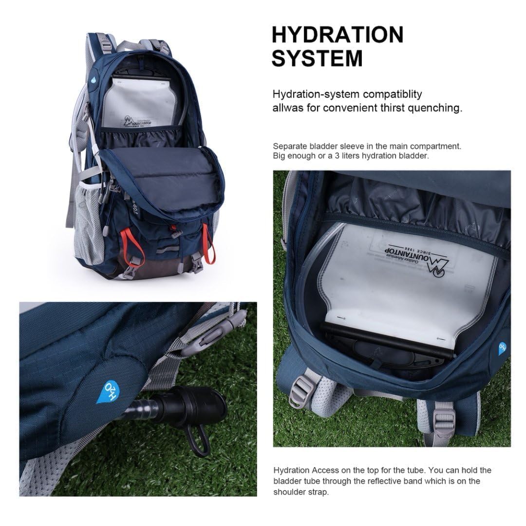 Mountaintop 40L hiking backpack chest clip stabilizes weight on uneven terrain.