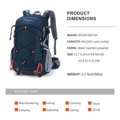 Mountaintop 40L hiking backpack main compartment spacious for gear and laptop.