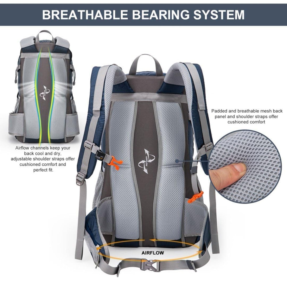 Mountaintop 40L hiking backpack side pocket holds water bottles during treks.