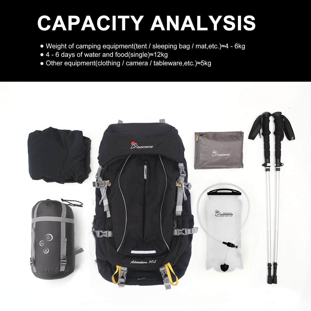 MOUNTAINTOP 50L adjustable straps highlighting customizable fit for all users.