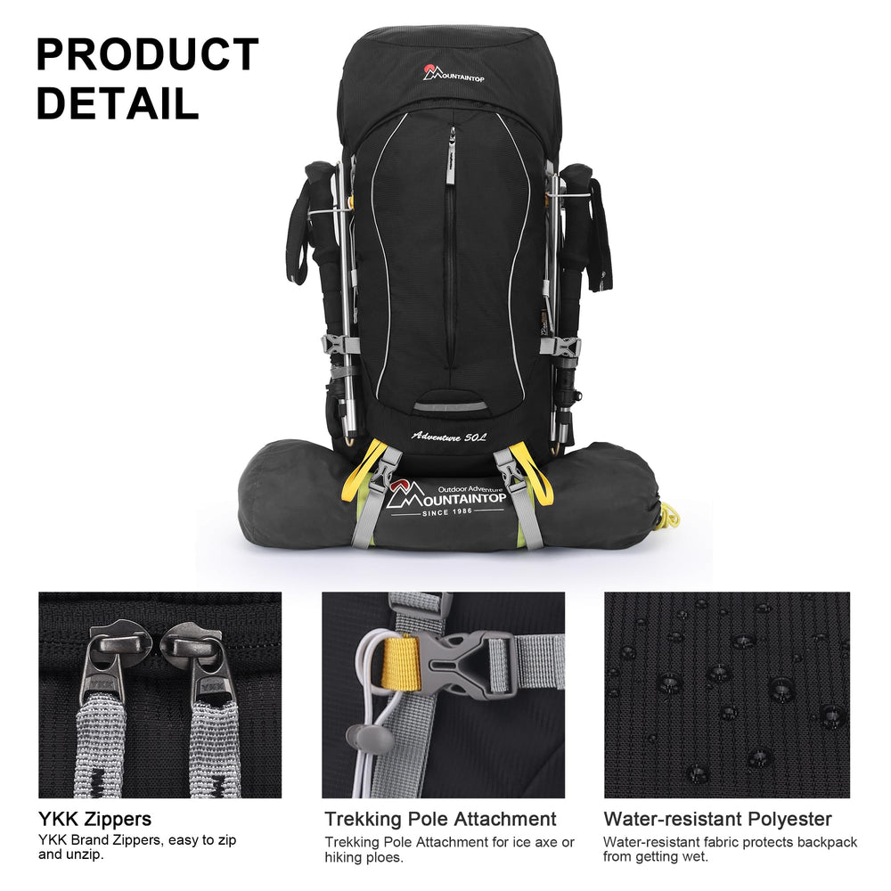 MOUNTAINTOP 50L backpack back panel emphasizing breathable ventilation for comfort.