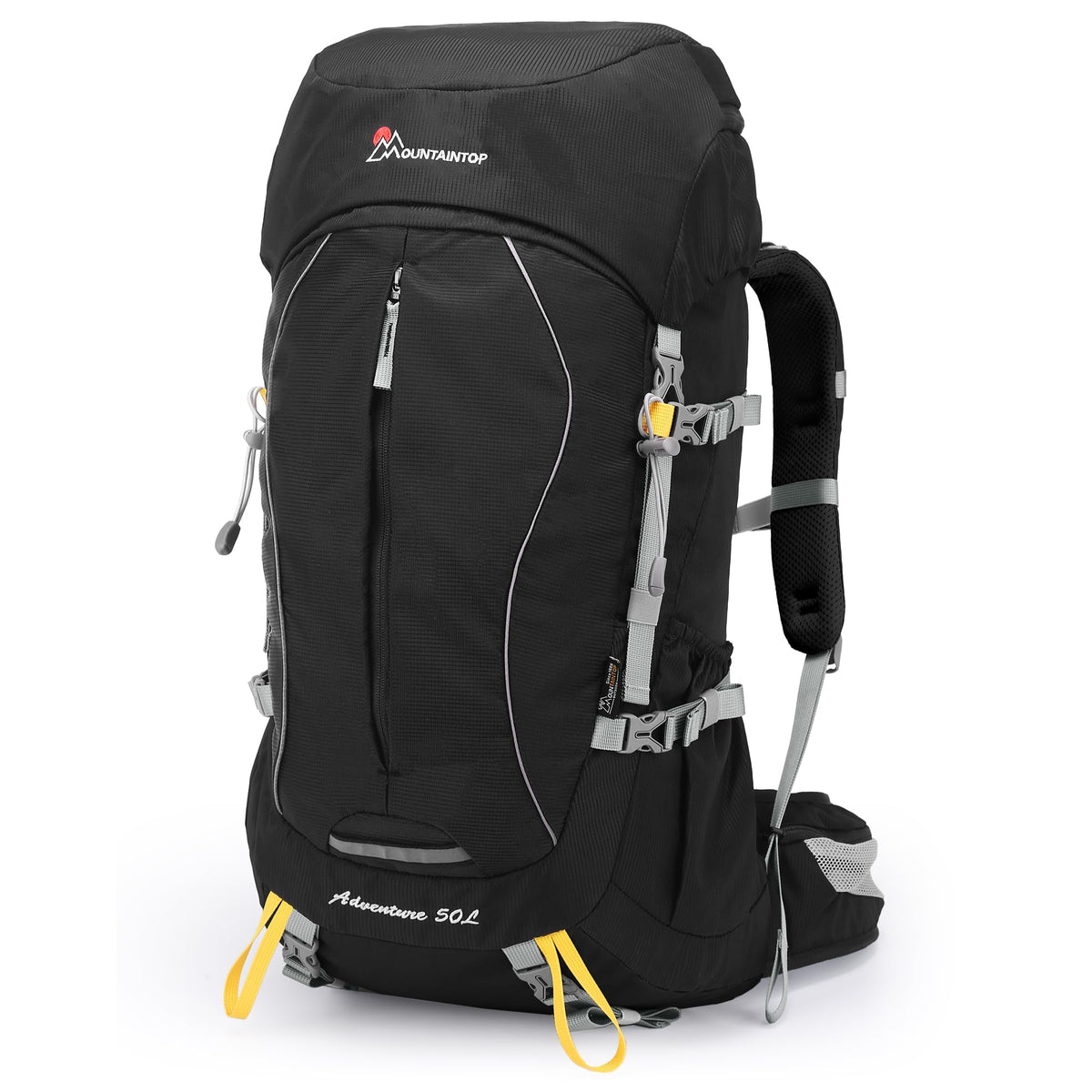 MOUNTAINTOP 50L backpack front view showing roomy main compartment for hiking gear.