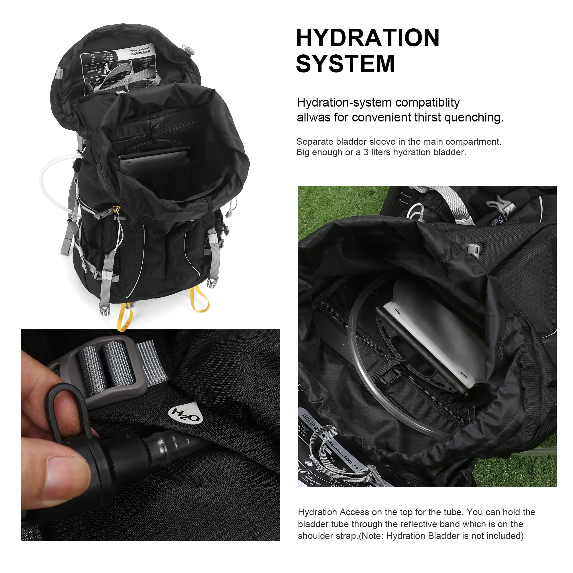 MOUNTAINTOP 50L hanging straps for tent, sleeping bag, and trekking poles.