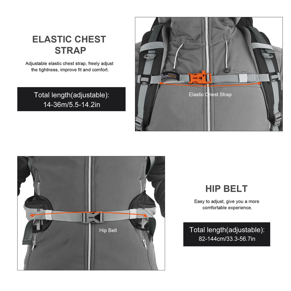 MOUNTAINTOP 50L tear-resistant nylon fabric reinforces durability on rugged trails.