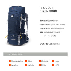 MOUNTAINTOP 60L backpack back panel shows breathable ventilation for cooler carries.