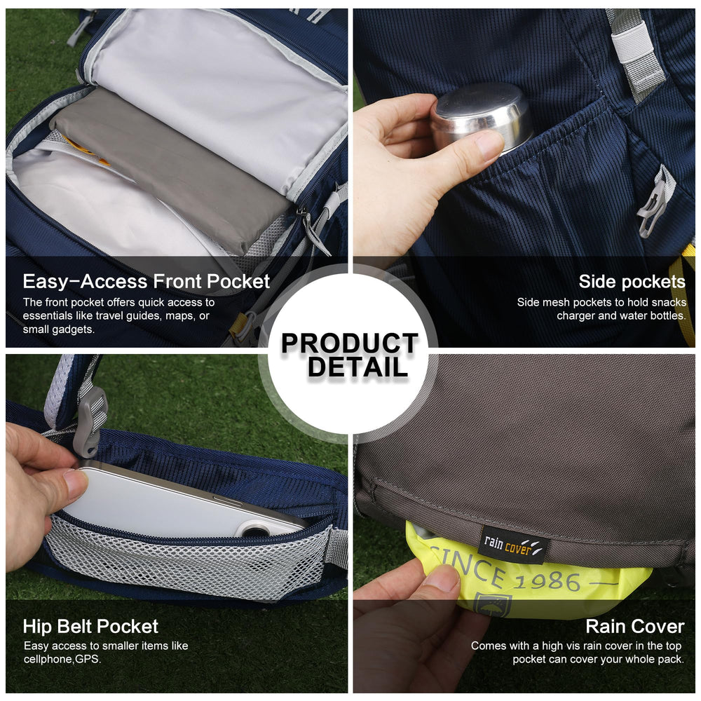MOUNTAINTOP 60L backpack hanging straps and whistle buckle reveal versatile gear carrying options.