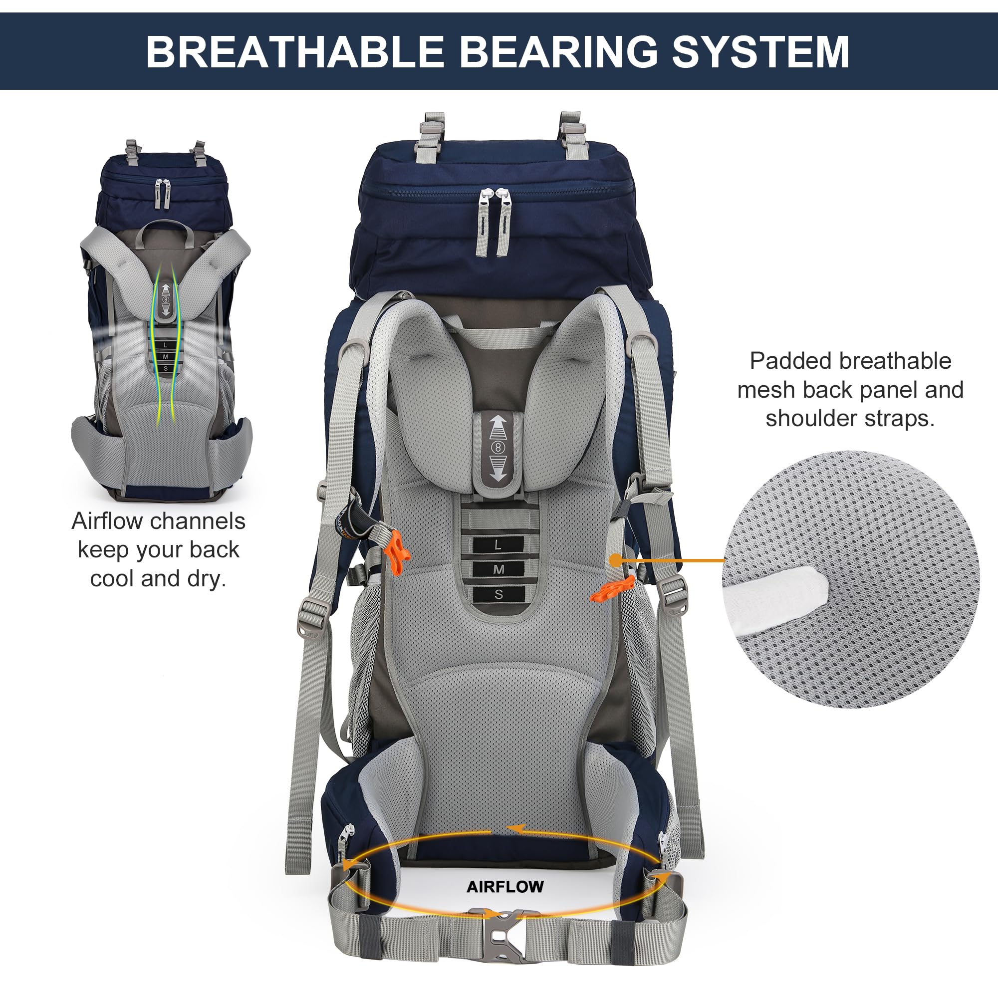 MOUNTAINTOP 70L backpack adjustable shoulder straps reduce shifting