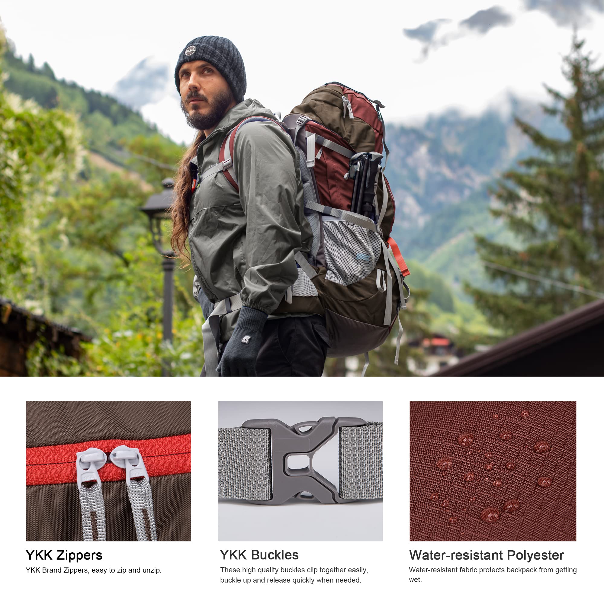 MOUNTAINTOP 70L backpack aluminum-frame back provides stable load support.