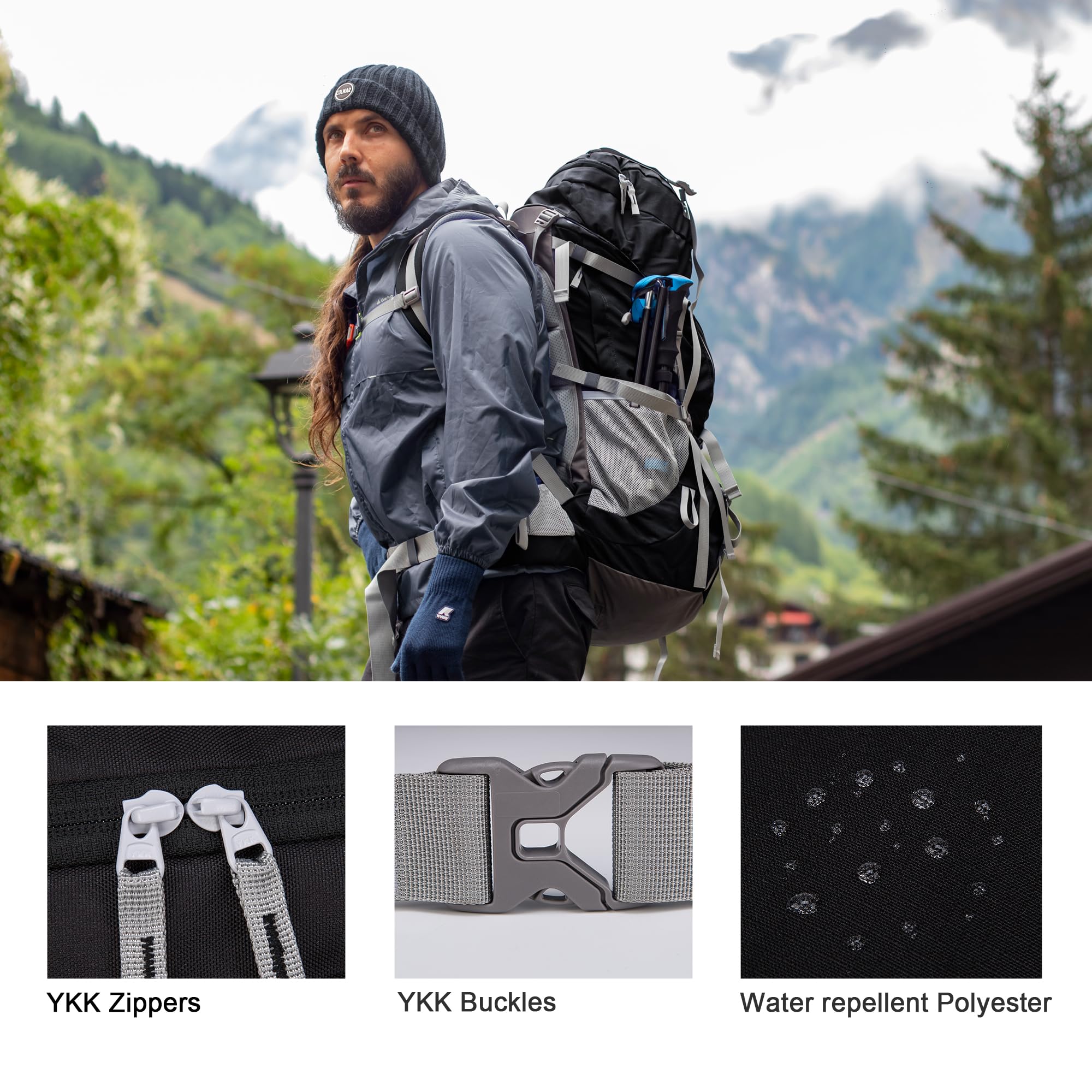 MOUNTAINTOP 70L back panel features breathable mesh for all-day comfort.