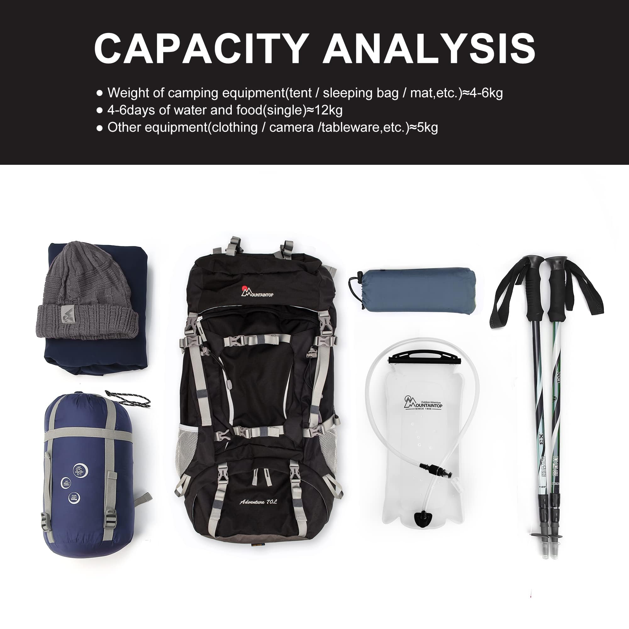 MOUNTAINTOP 70L main compartment opens for effortless packing.