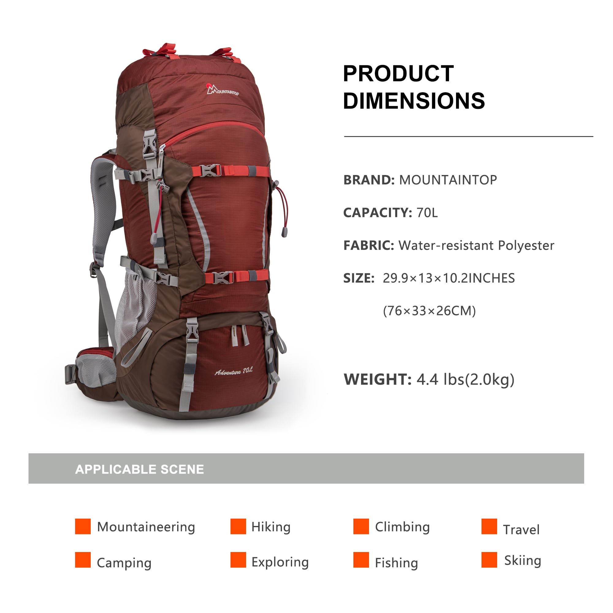 MOUNTAINTOP 70L backpack main compartment for organized gear on long trips.