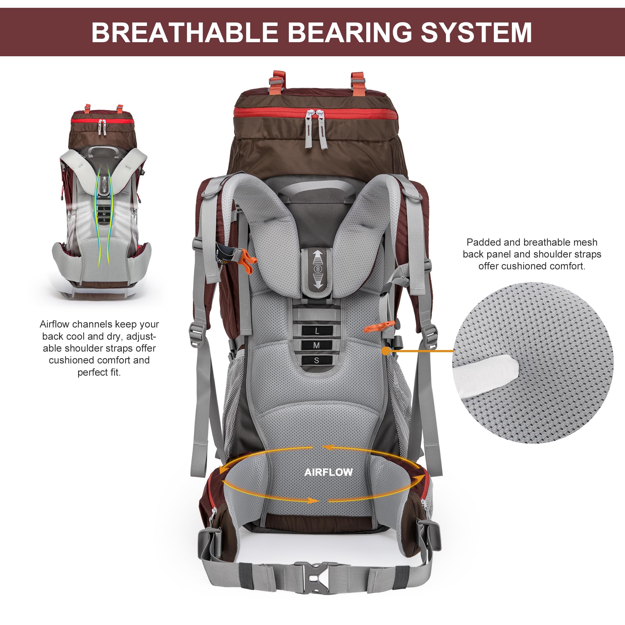 MOUNTAINTOP 70L backpack breathable padded straps reduce fatigue during hikes.