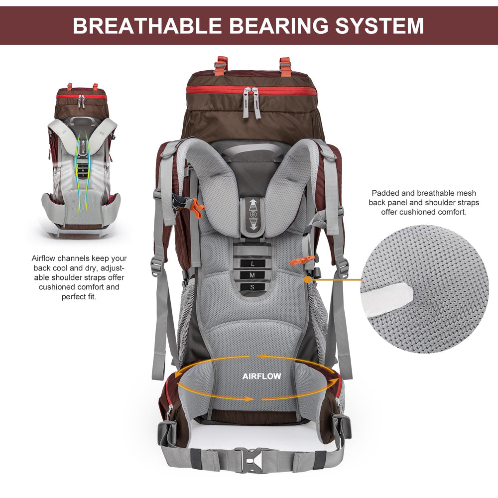 MOUNTAINTOP 70L backpack breathable padded straps reduce fatigue during hikes.