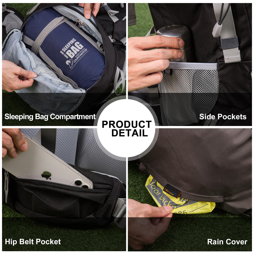 MOUNTAINTOP 70L rain cover included protects gear in showers.