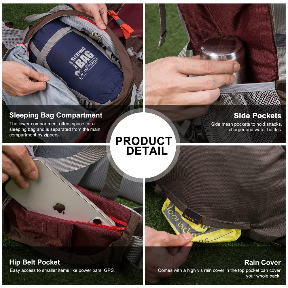 MOUNTAINTOP 70L backpack shoe compartment keeps footwear separate from other gear.