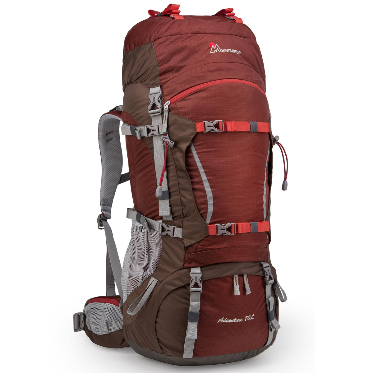 MOUNTAINTOP 70L backpack side-entry design enables quick access on trails.