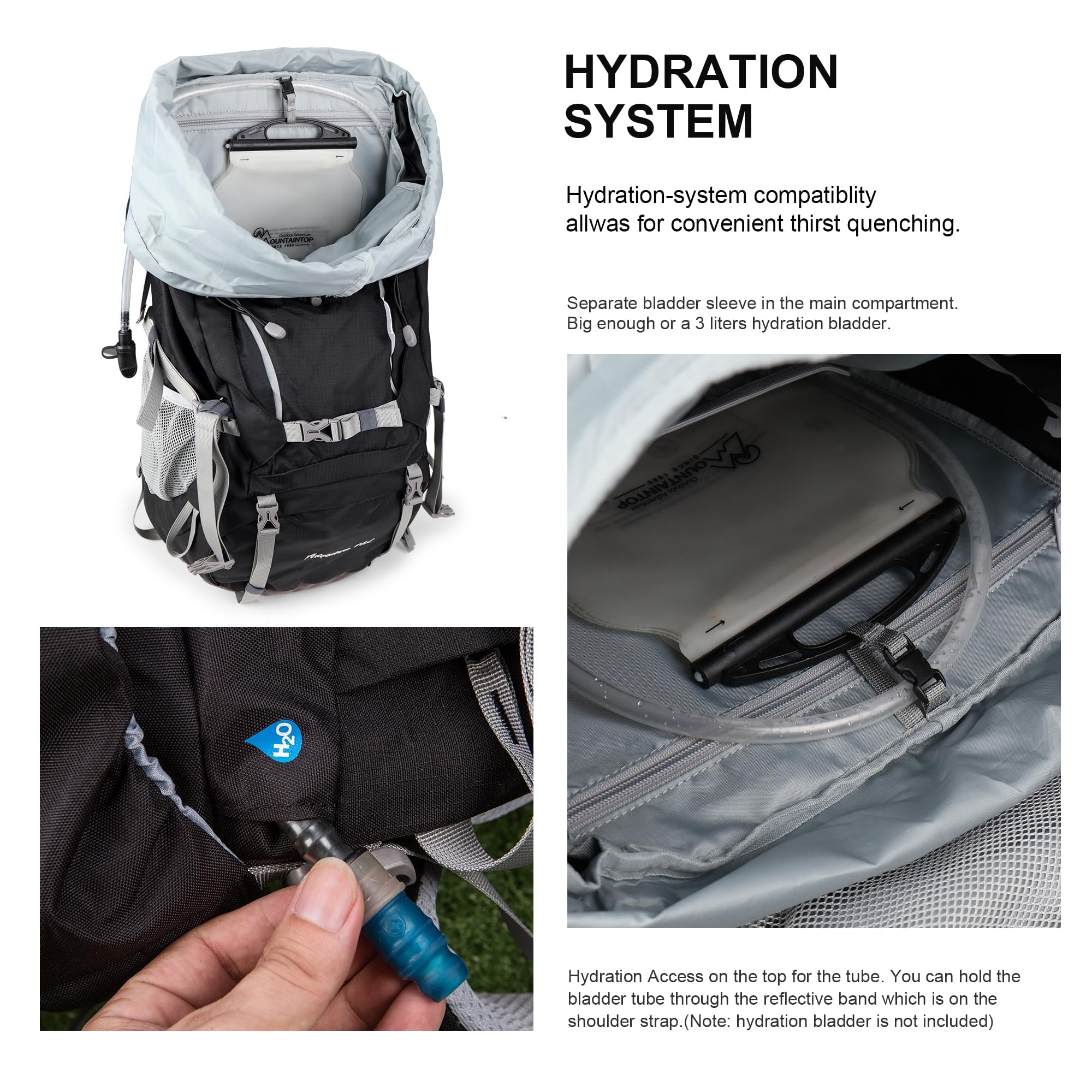 MOUNTAINTOP 70L water bladder pocket supports easy hydration.