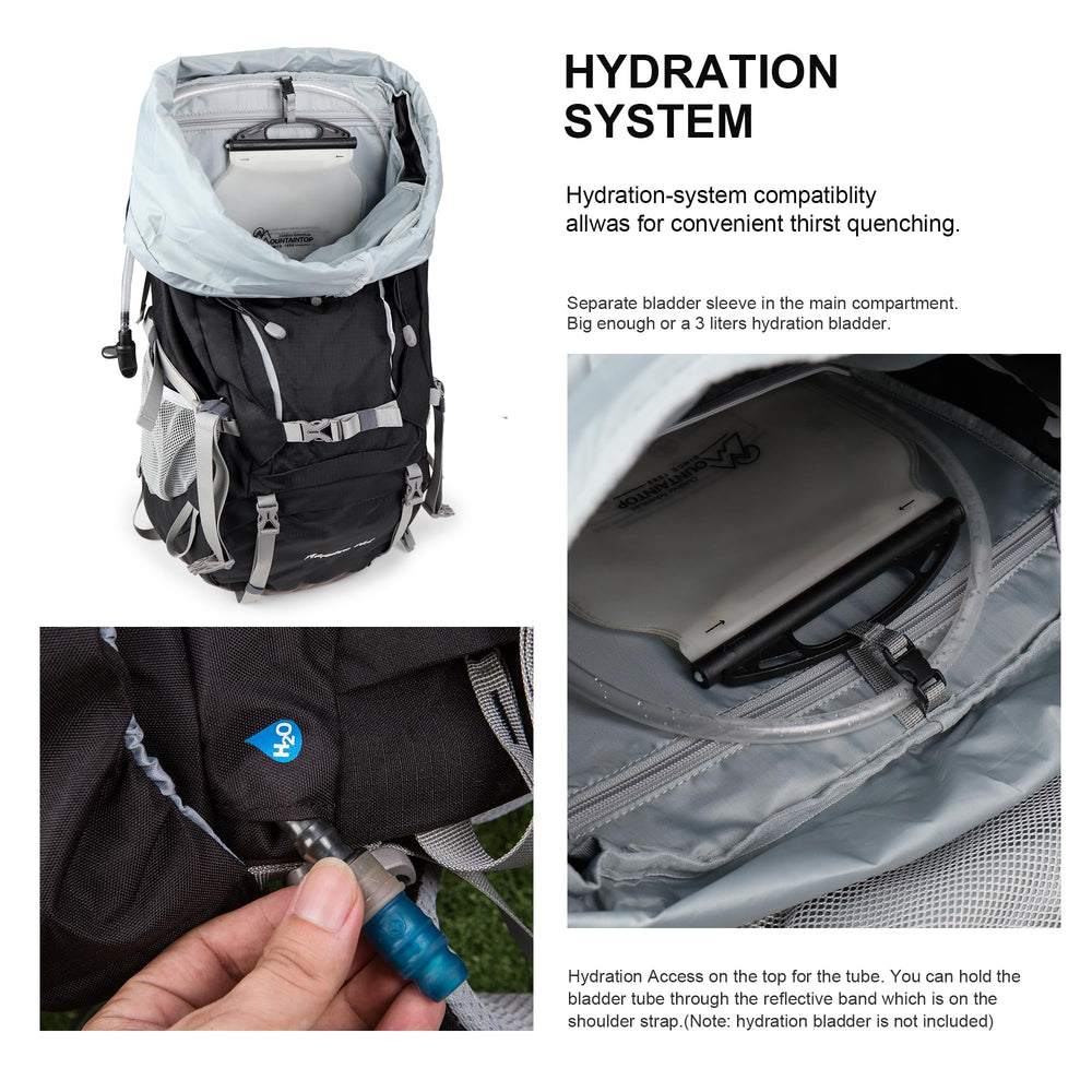 MOUNTAINTOP 70L water bladder pocket supports easy hydration.