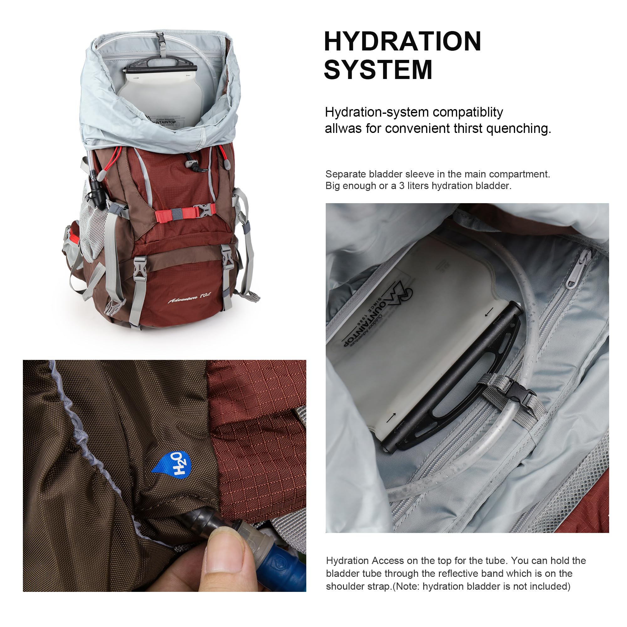 MOUNTAINTOP 70L backpack water-bladder slot supports convenient hydration on the go.