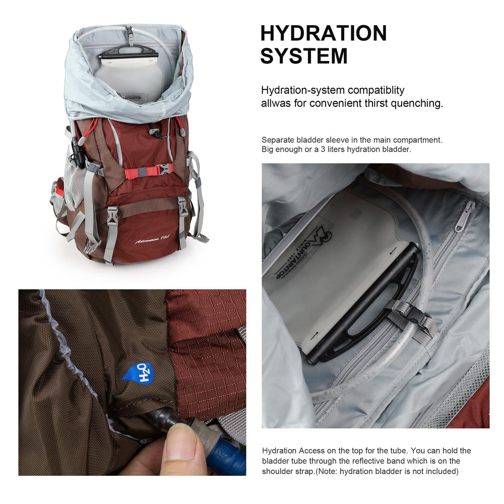MOUNTAINTOP 70L backpack water-bladder slot supports convenient hydration on the go.