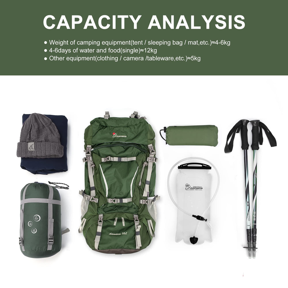 MOUNTAINTOP 70L bottom-compartment stores shoes or sleeping bag neatly