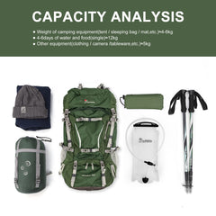 MOUNTAINTOP 70L bottom-compartment stores shoes or sleeping bag neatly