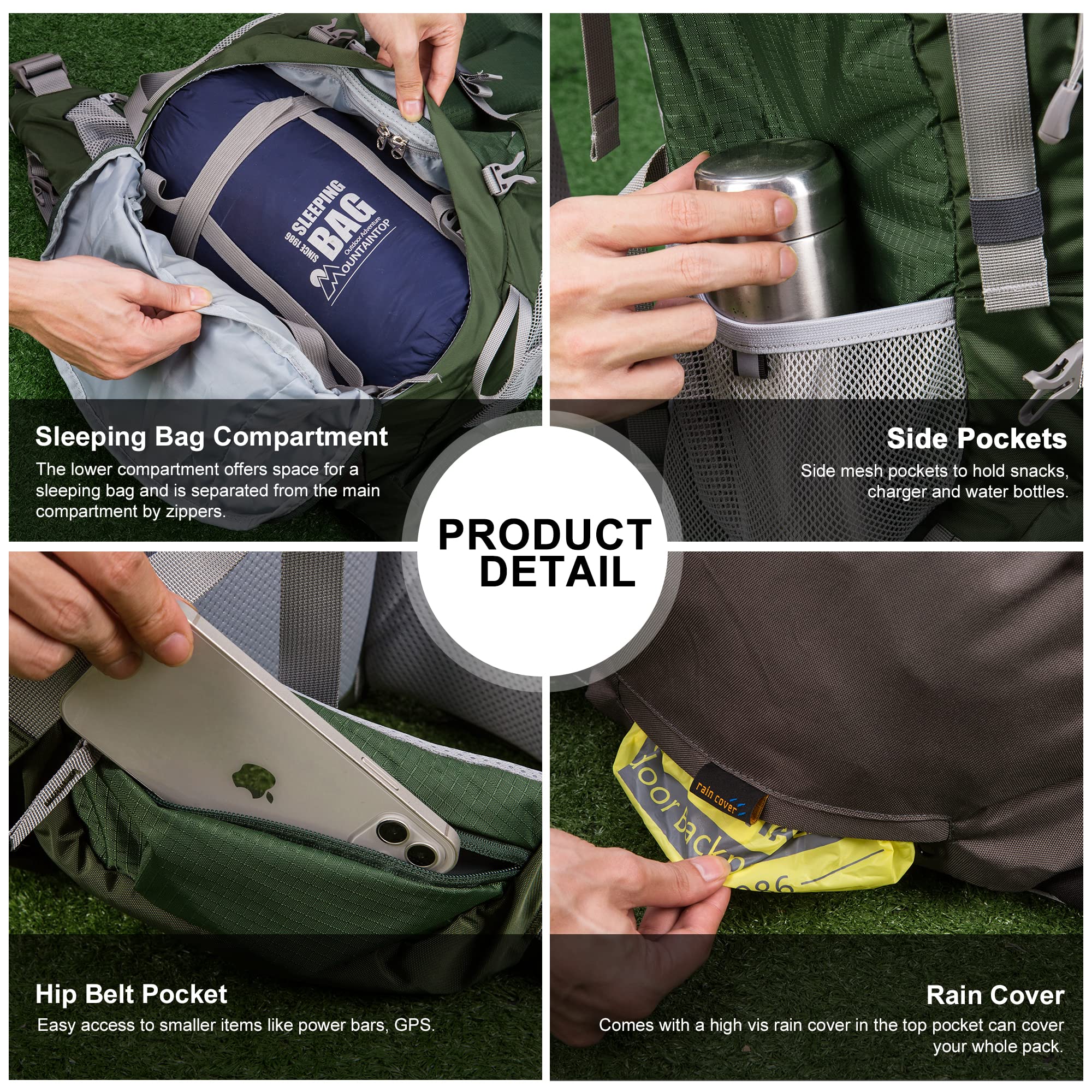 MOUNTAINTOP 70L breathable mesh back pad reduces fatigue on long hikes