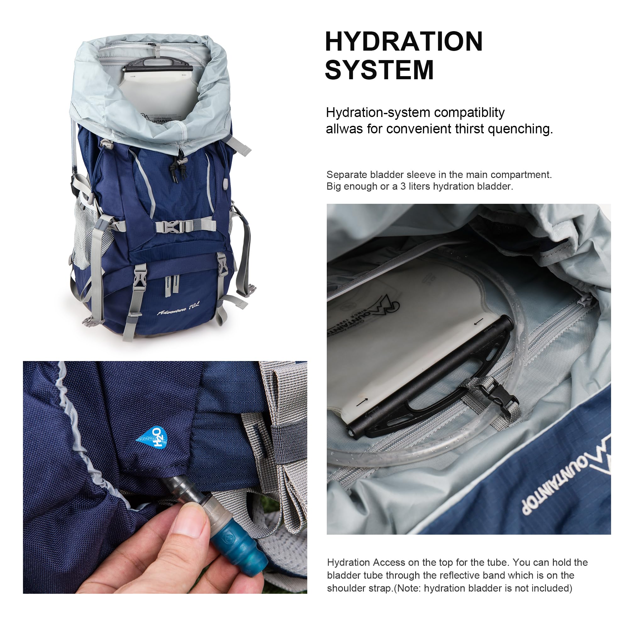 MOUNTAINTOP 70L backpack rugged nylon fabric with YKK zippers for durability