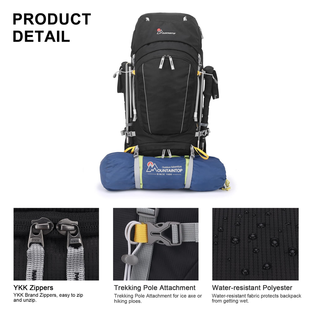 MOUNTAINTOP adjustable straps and waist belt for a personalized fit.