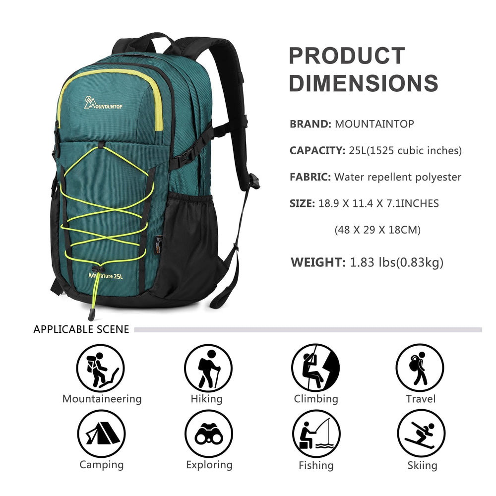 MOUNTAINTOP 25L backpack side pocket demonstrating quick-access storage on the move