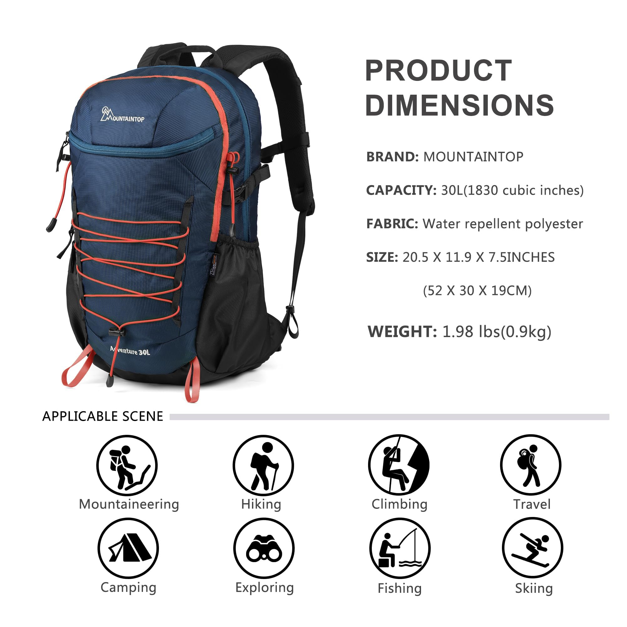 MOUNTAINTOP hiking backpack back panel demonstrates ergonomic support for long hikes.