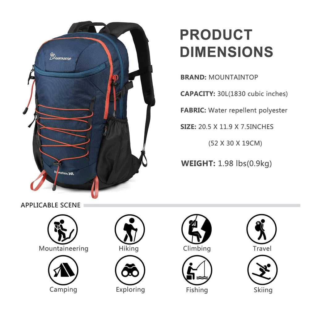 MOUNTAINTOP hiking backpack back panel demonstrates ergonomic support for long hikes.
