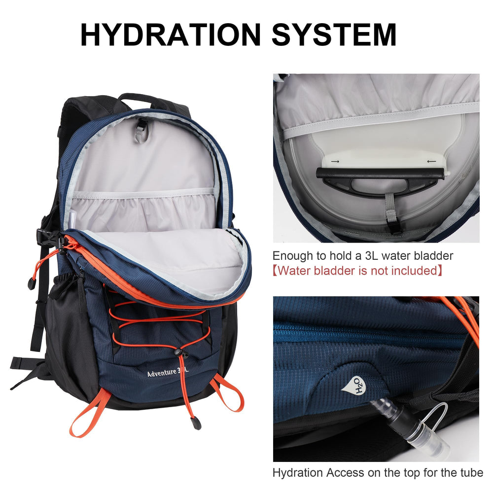 MOUNTAINTOP hiking backpack compartments illustrate main chamber, hydration sleeve, and organization.