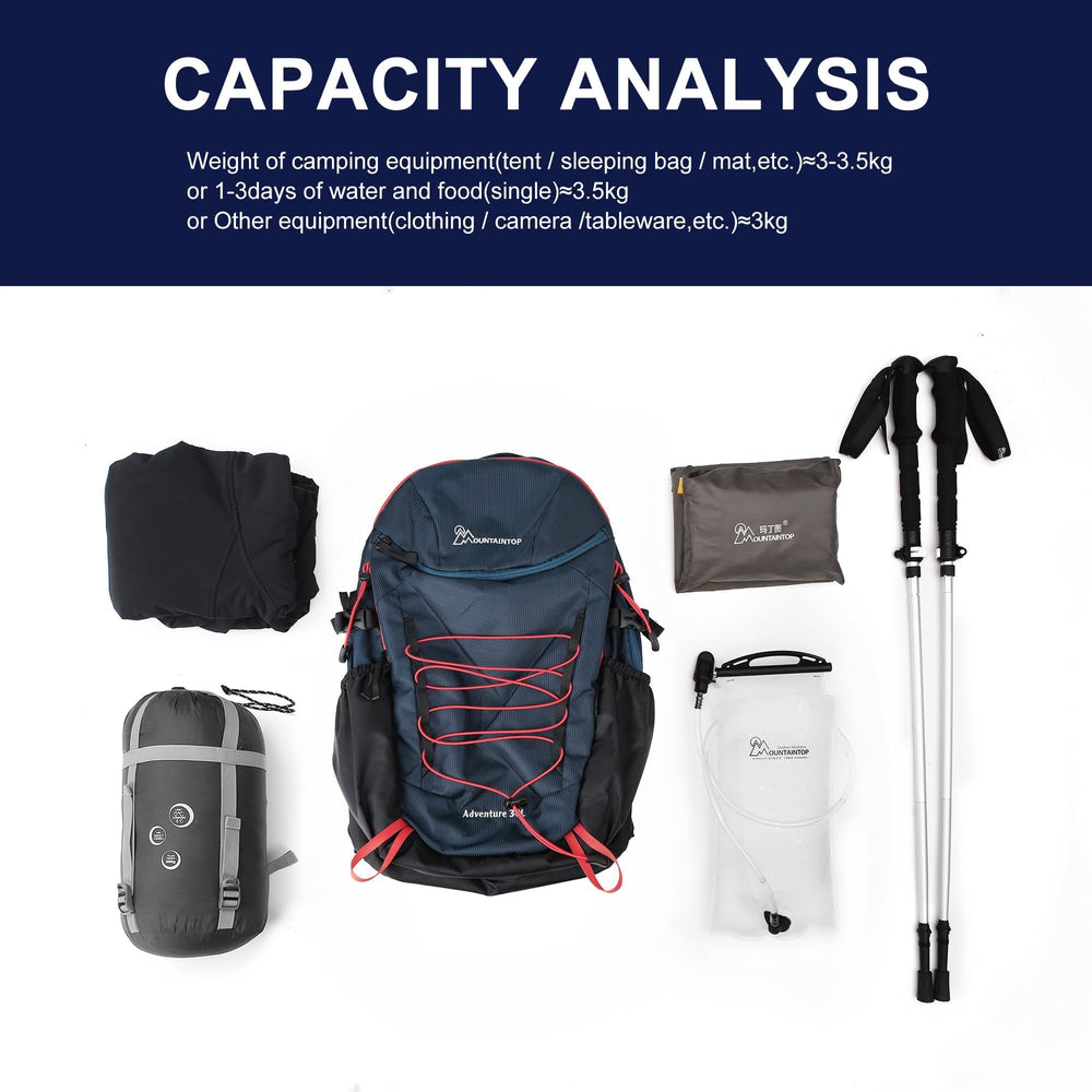 MOUNTAINTOP hiking backpack front pocket and organizers showcased for easy reach.