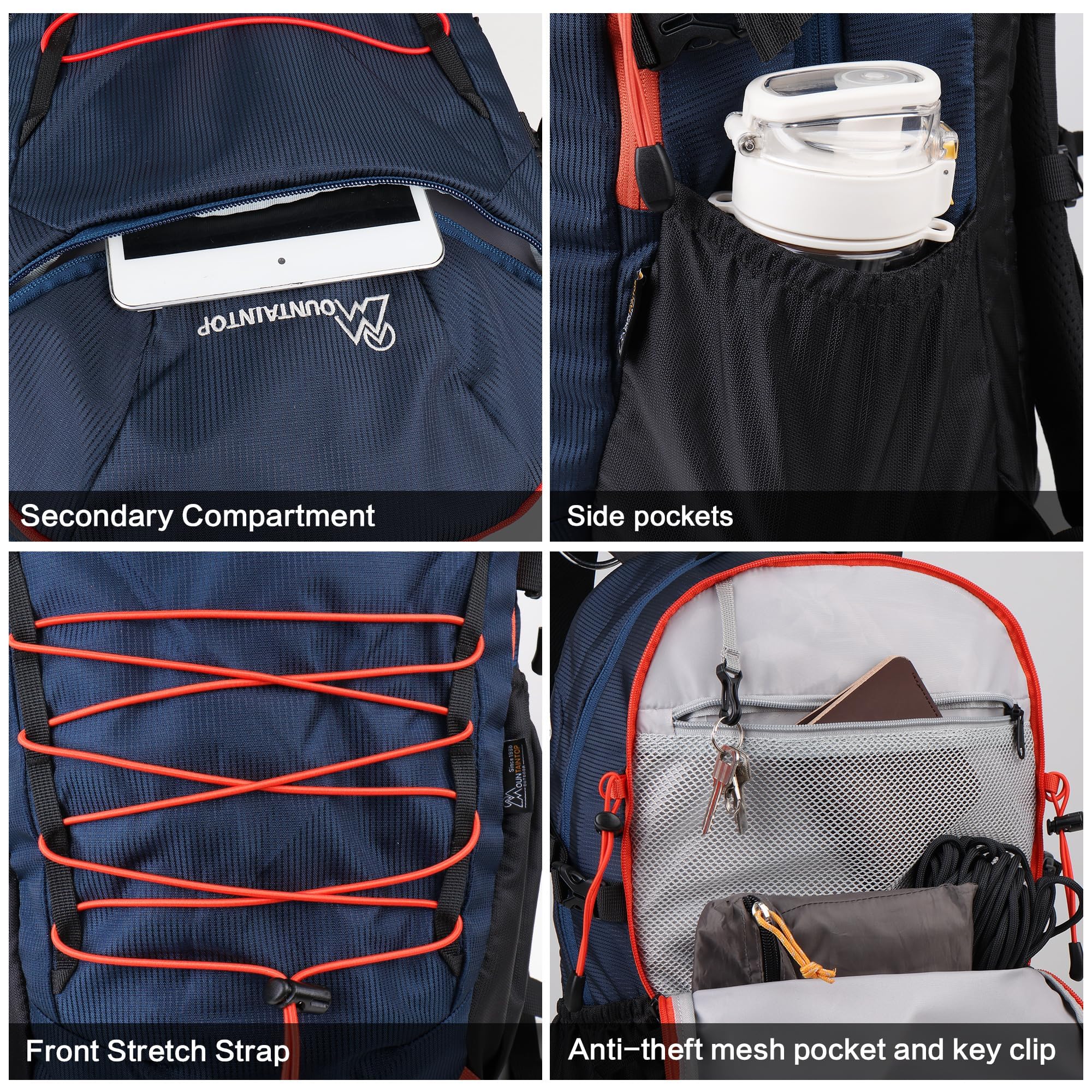 MOUNTAINTOP hiking backpack hydration sleeve close up highlights water bag compatibility.
