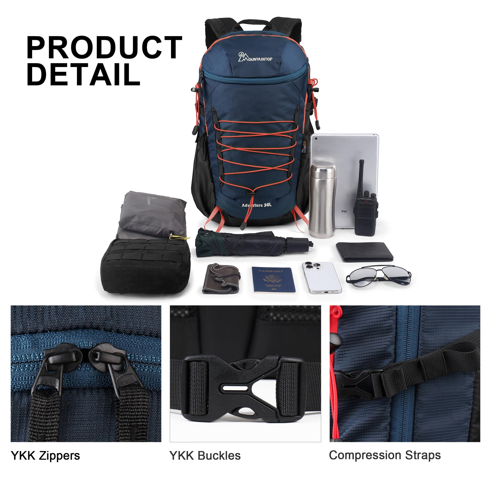 MOUNTAINTOP hiking backpack strap system image shows reinforced, comfortable load transfer.