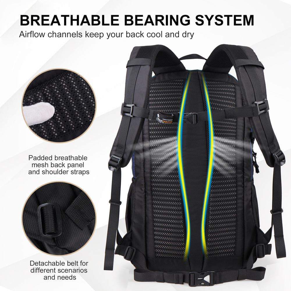 MOUNTAINTOP hiking backpack front pocket shows quick access storage for small essentials.