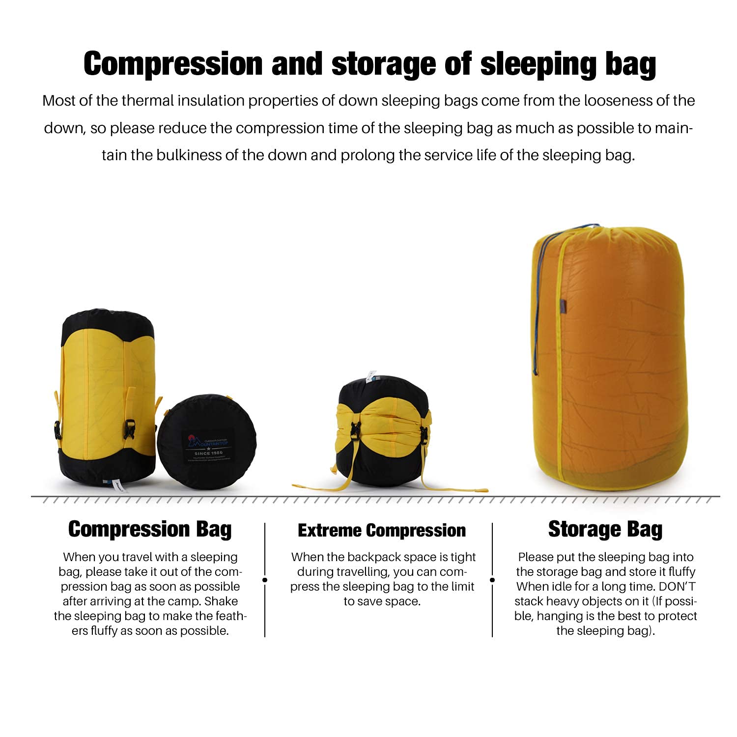 Mountaintop ultralight mummy down sleeping bag compression bag keeps packing tidy.