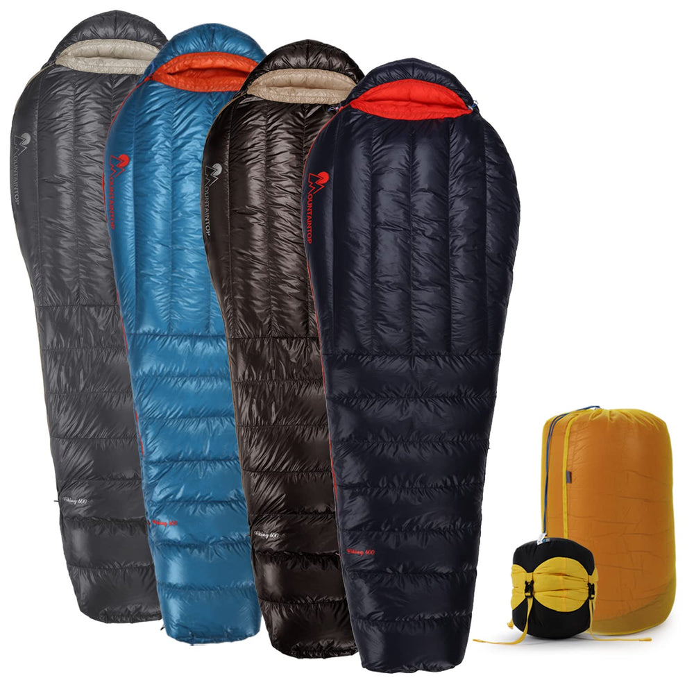 Mountaintop ultralight mummy sleeping bag shell shows water-resistant rip-stop fabric for outdoor protection.
