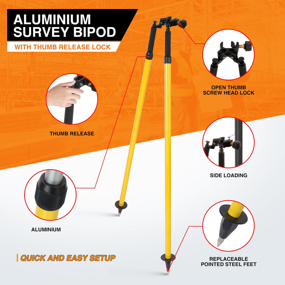 Mountlaser aluminum survey tripod body shows rugged construction for field reliability.