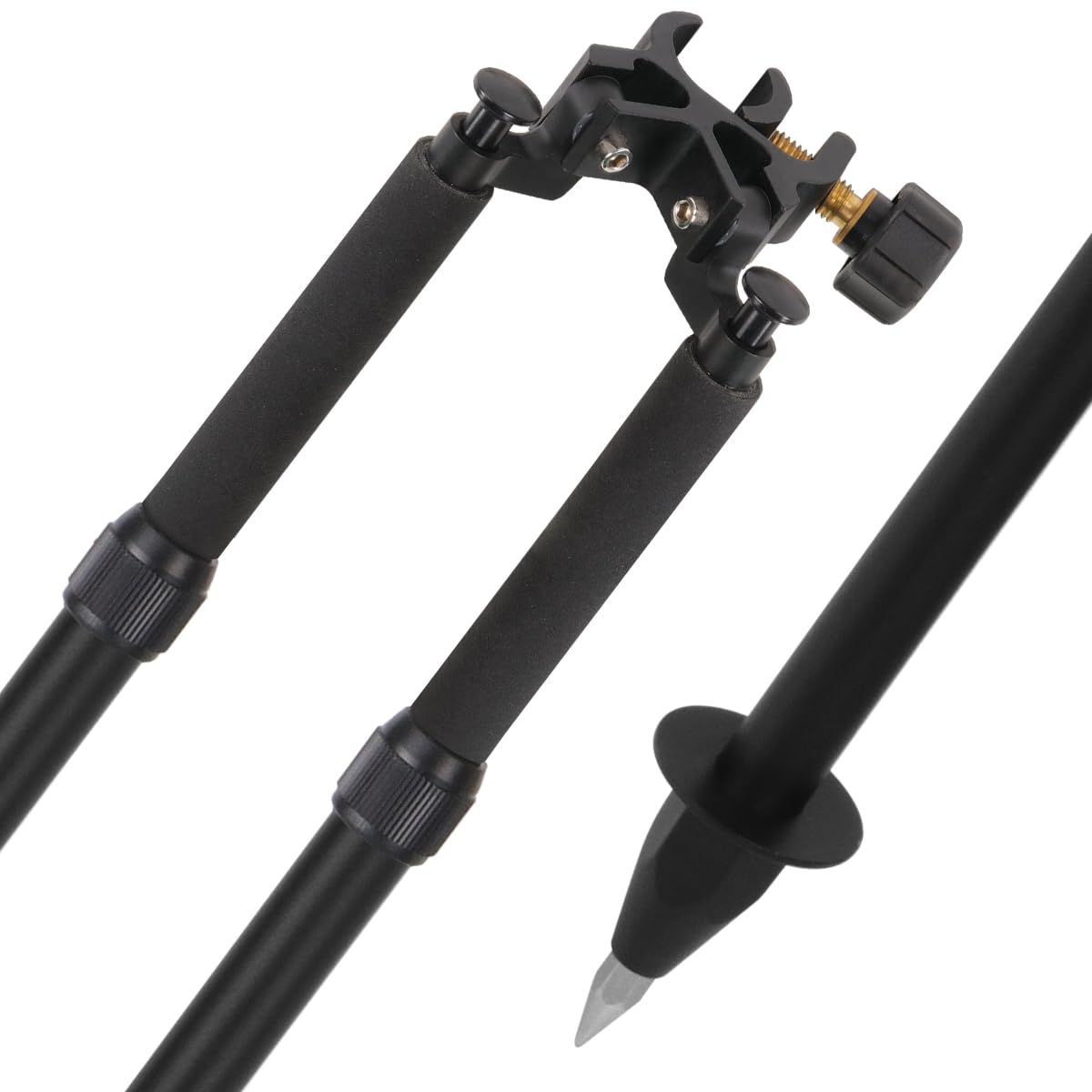 Mountlaser bipod center-entry head for fast adjustments in rugged terrain
