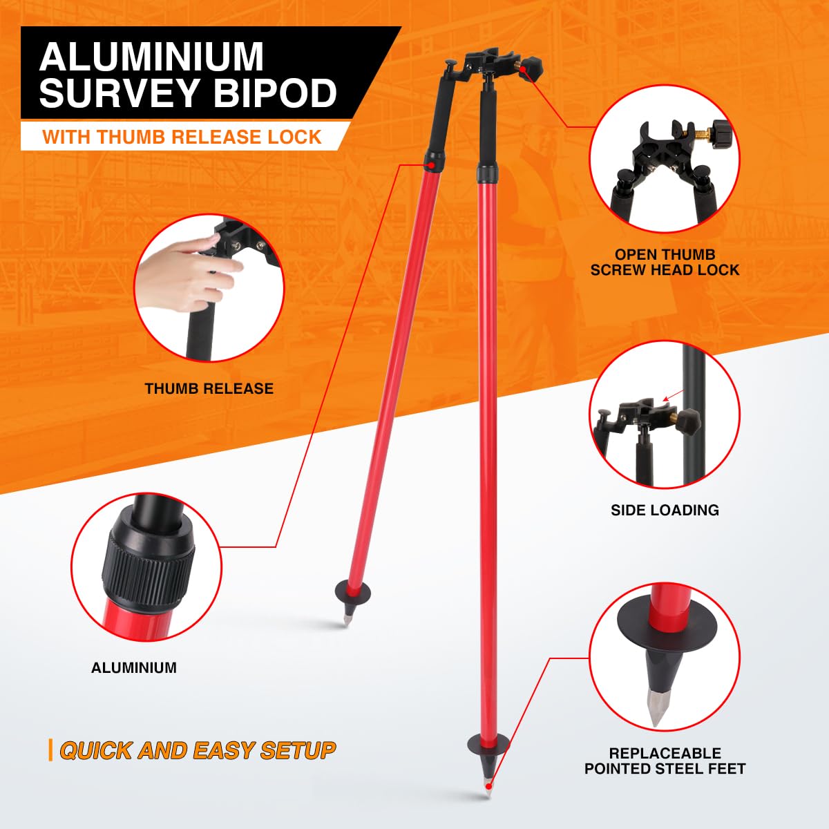 Mountlaser bipod pole-attachment shows secure mounting for rugged surveying conditions.