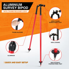Mountlaser bipod pole-attachment shows secure mounting for rugged surveying conditions.