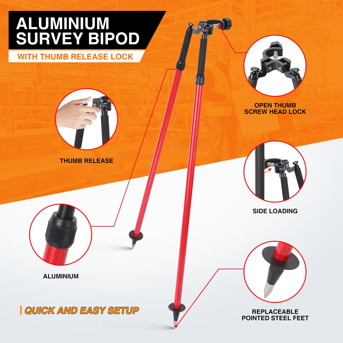Mountlaser bipod side-fit 1 to 1.25 inch poles provides stable prism pole setups.