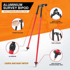 Mountlaser bipod side-fit 1 to 1.25 inch poles provides stable prism pole setups.