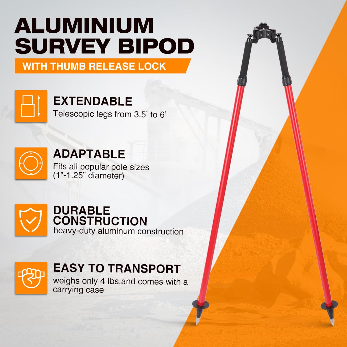 Mountlaser bipod top-fit 1.5 inch poles offers reliable GPS GNSS pole stabilization.